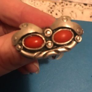 Silver and red coral ring